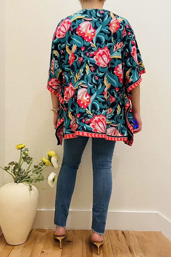 Multi color floral printed poncho casual loose women blouse GJQ16326