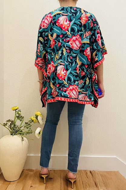Multi color floral printed poncho casual loose women blouse GJQ16326