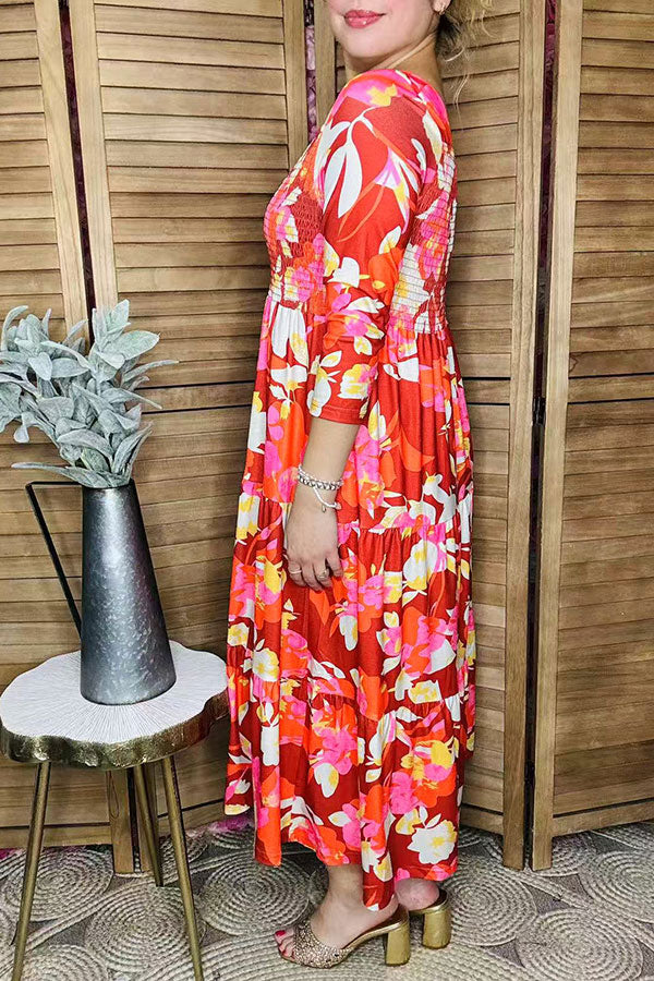 Orange floral printed 3/4 sleeves elastic chest maxi women dress GJQ16281
