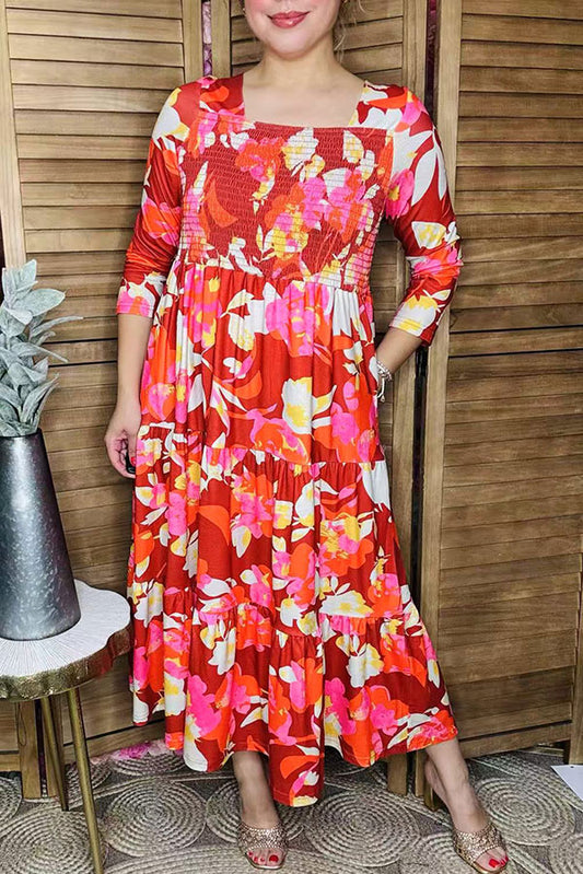 Orange floral printed 3/4 sleeves elastic chest maxi women dress GJQ16281