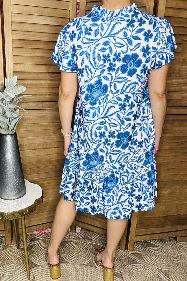 Blue floral printed ruffle short sleeve elegant women dress GJQ16380