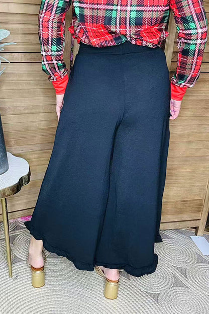 Solid color black ruffles wide leg women pant XCH16374