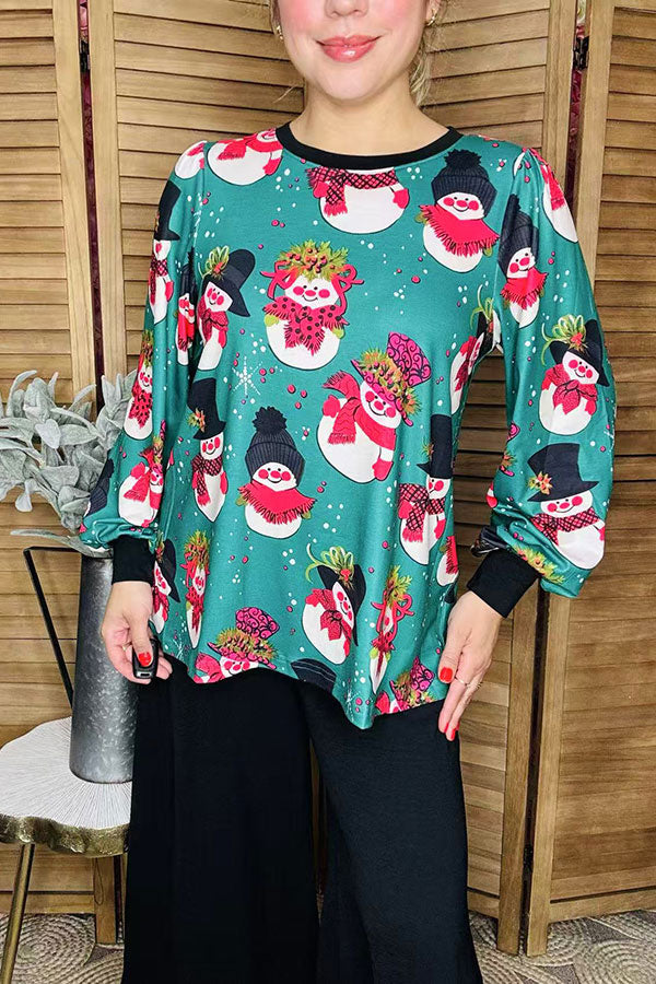 Christmas snowman printed lantern long sleeve women blouse XCH16510