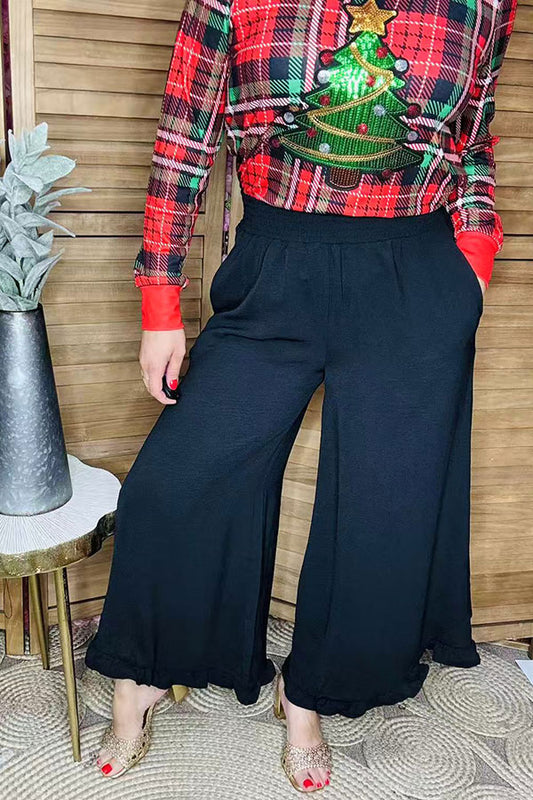 Solid color black ruffles wide leg women pant XCH16374