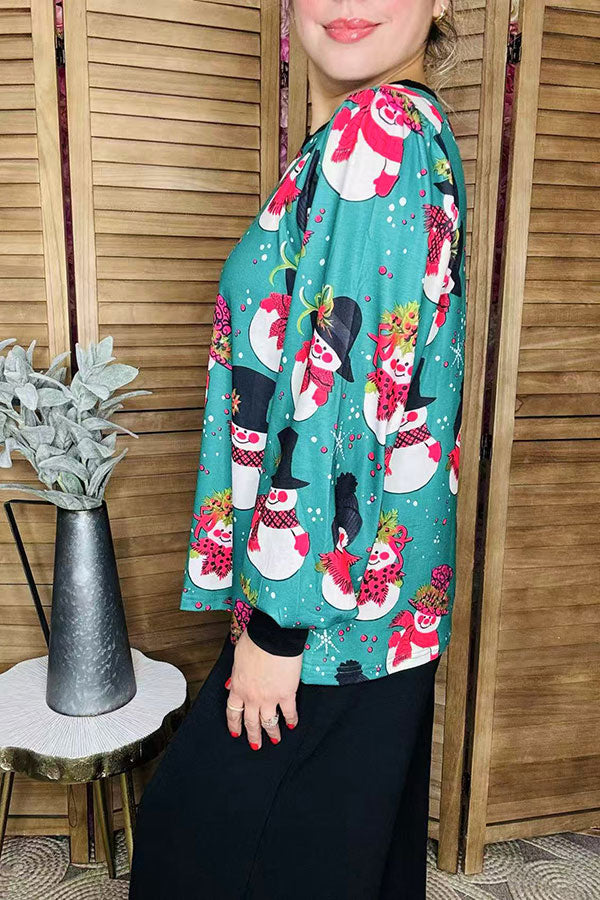 Christmas snowman printed lantern long sleeve women blouse XCH16510