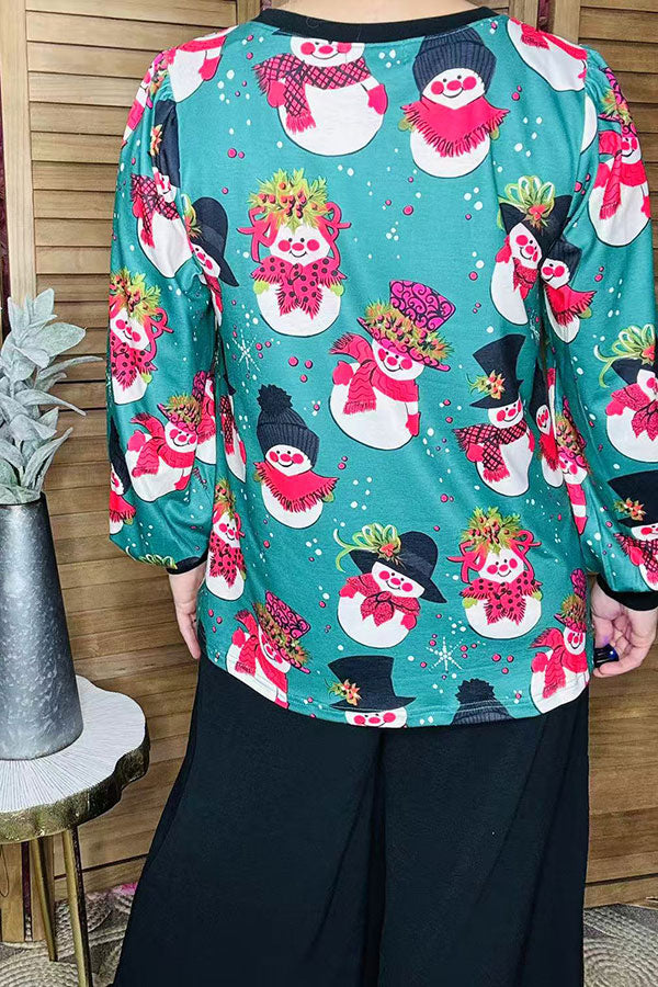 Christmas snowman printed lantern long sleeve women blouse XCH16510