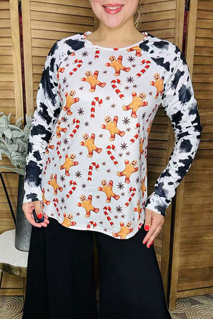 Holiday Christmas gingerbread print raglan long sleeve women top YMY16002