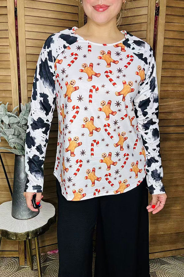 Holiday Christmas gingerbread print raglan long sleeve women top YMY16002