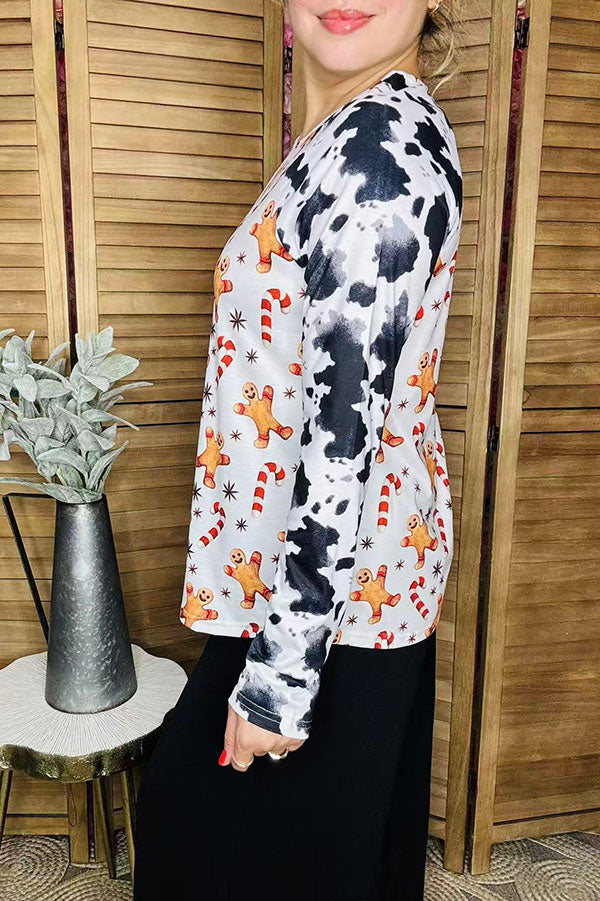 Holiday Christmas gingerbread print raglan long sleeve women top YMY16002