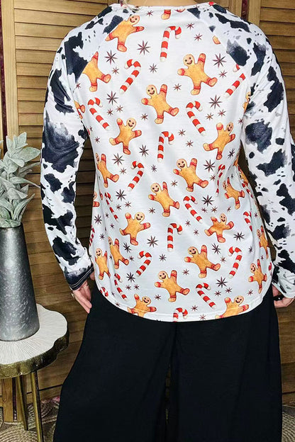 Holiday Christmas gingerbread print raglan long sleeve women top YMY16002