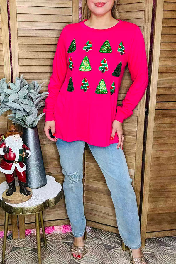 Green sequin christmas tree embroidery long sleeve women blouse BQ15813
