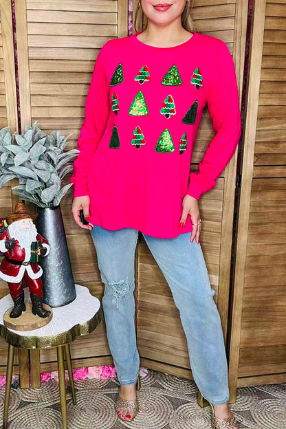 Green sequin christmas tree embroidery long sleeve women blouse BQ15813