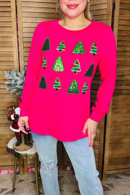Green sequin christmas tree embroidery long sleeve women blouse BQ15813