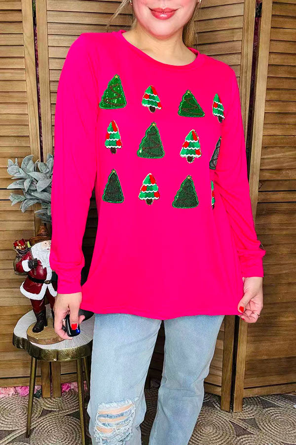 Green sequin christmas tree embroidery long sleeve women blouse BQ15813