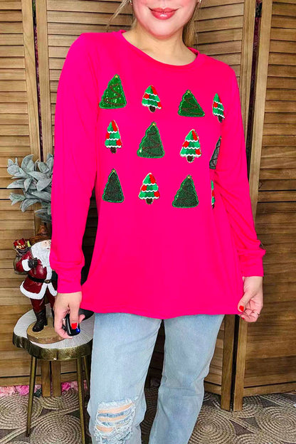 Green sequin christmas tree embroidery long sleeve women blouse BQ15813