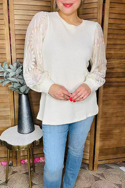 Cream knit fabric lace long sleeve women blouse XCH16402
