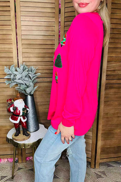 Green sequin christmas tree embroidery long sleeve women blouse BQ15813