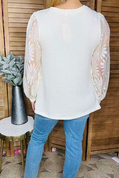 Cream knit fabric lace long sleeve women blouse XCH16402