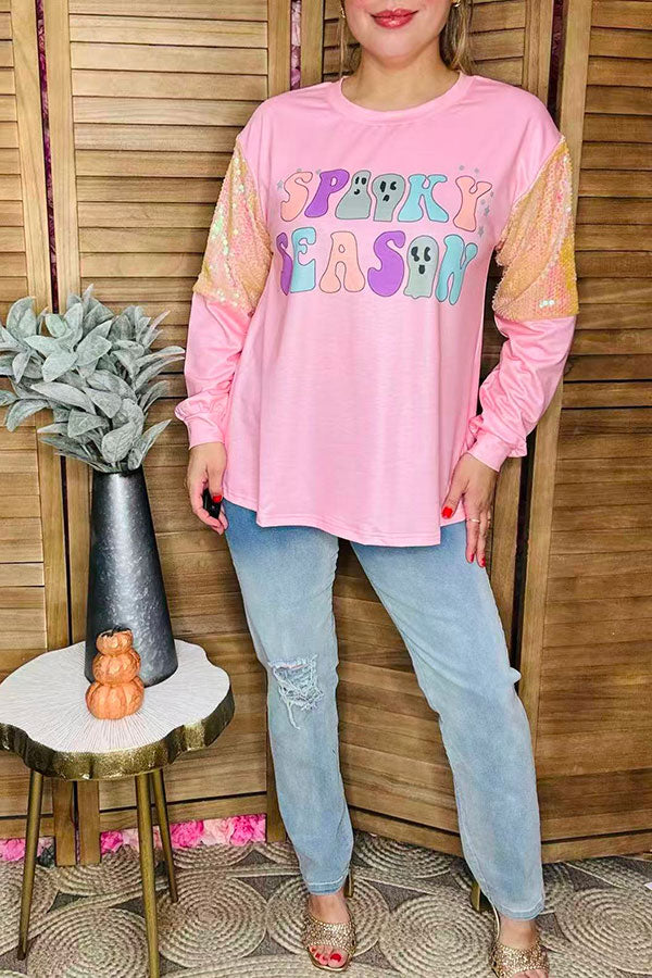Chic SPOOKY SEASON pink sequin women's boutuque top Southern Stitch XCH16470