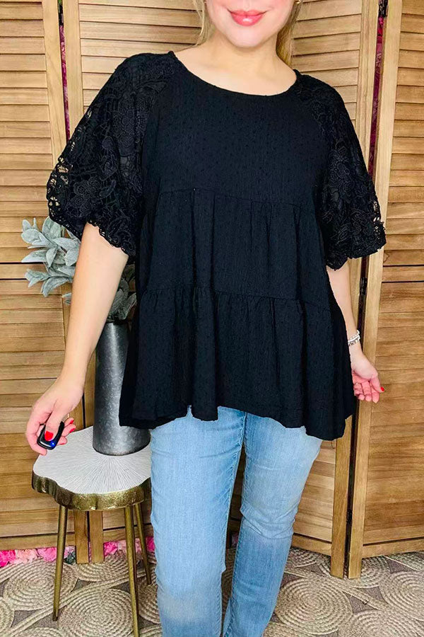 Black polka dots & lantern lace half sleeve baby doll women top XCH16340