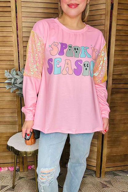 Chic SPOOKY SEASON pink sequin women's boutuque top Southern Stitch XCH16470
