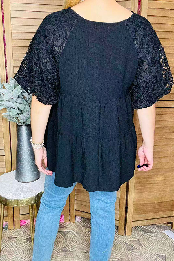 Black polka dots & lantern lace half sleeve baby doll women top XCH16340