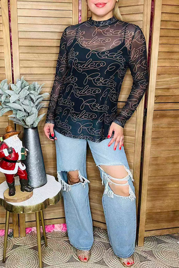 RODEO printed black mesh long sleeve women top XCH16565