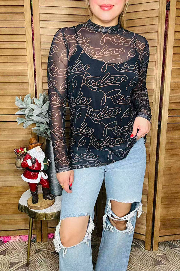 RODEO printed black mesh long sleeve women top XCH16565