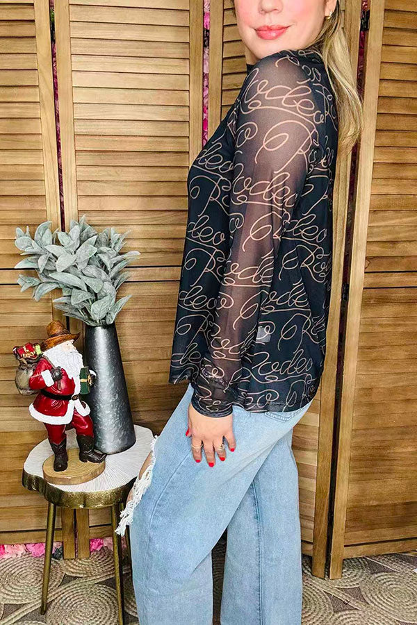 RODEO printed black mesh long sleeve women top XCH16565