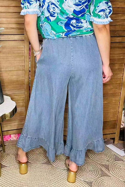 Blue denim color straight ruffle wide leg women pant XCH16416
