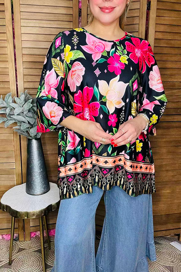 Floral flutter top printed 3/4 wide sleeve women tunic GJQ16439