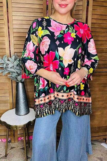Floral flutter top printed 3/4 wide sleeve women tunic GJQ16439