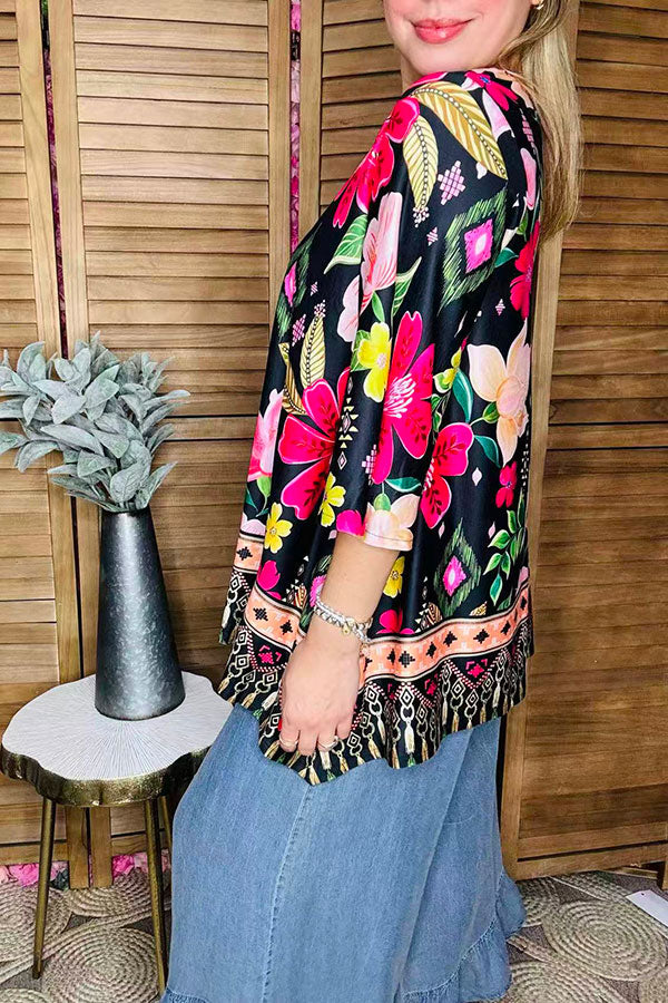 Floral flutter top printed 3/4 wide sleeve women tunic GJQ16439
