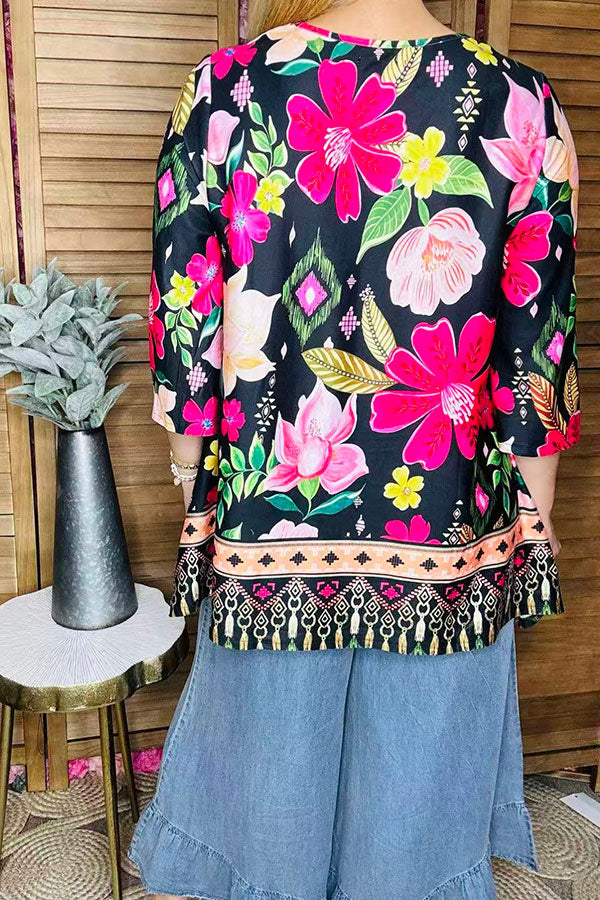 Floral flutter top printed 3/4 wide sleeve women tunic GJQ16439