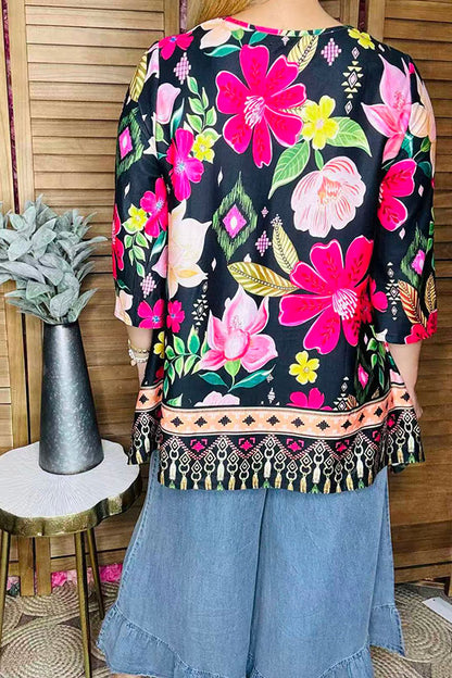 Floral flutter top printed 3/4 wide sleeve women tunic GJQ16439