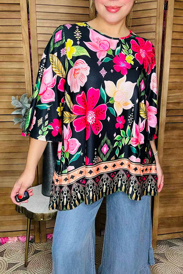 Floral flutter top printed 3/4 wide sleeve women tunic GJQ16439