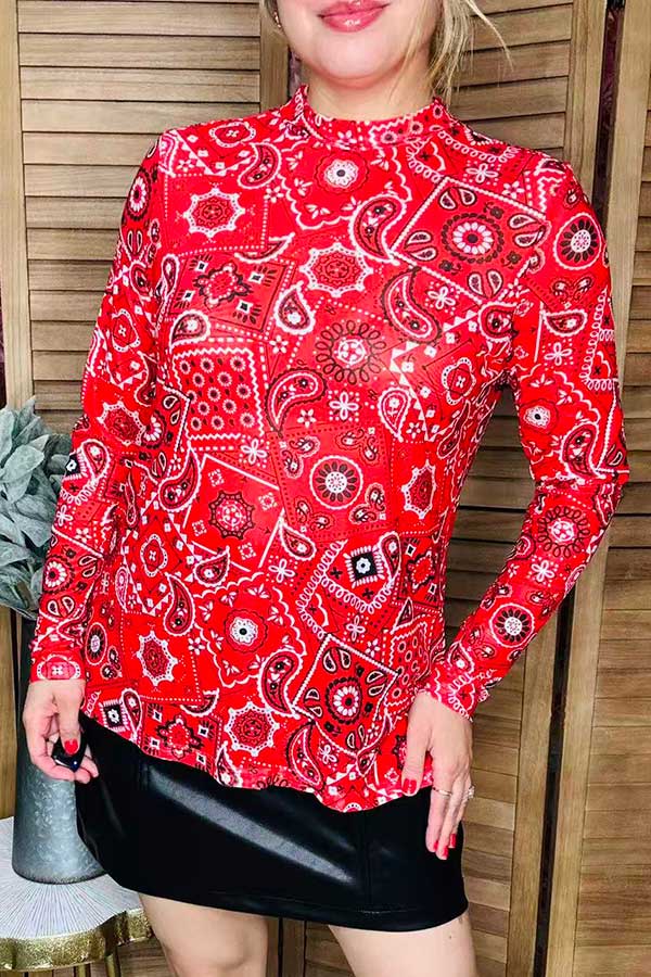 Red paisley mesh long sleeve women blouse XCH16358