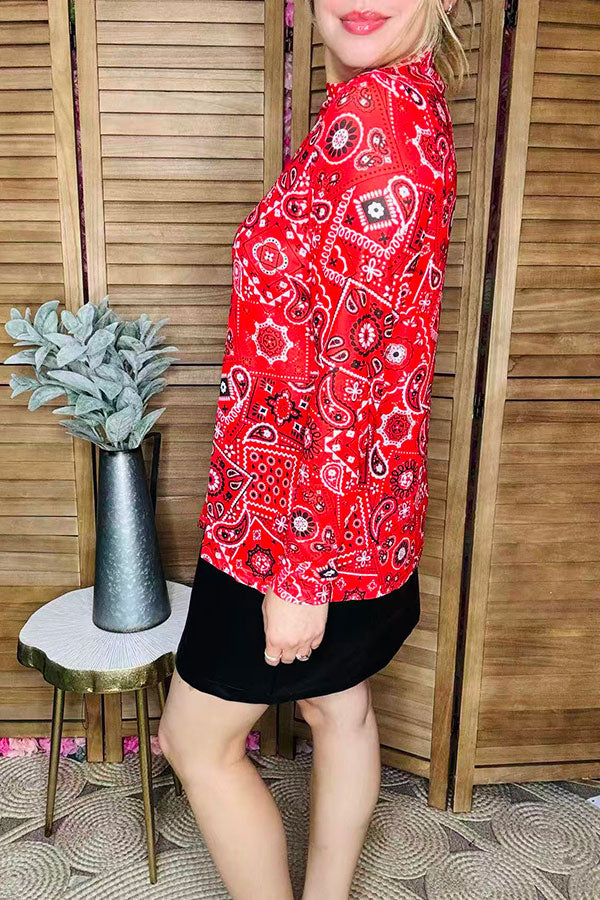 Red paisley mesh long sleeve women blouse XCH16358