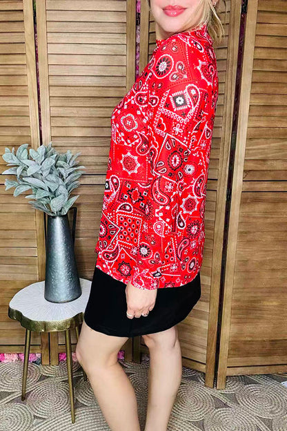 Red paisley mesh long sleeve women blouse XCH16358