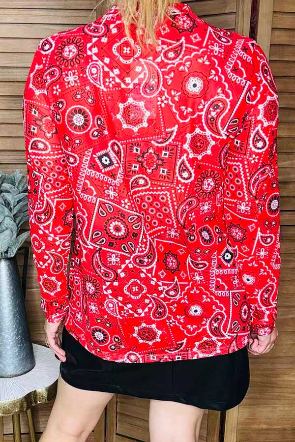 Red paisley mesh long sleeve women blouse XCH16358