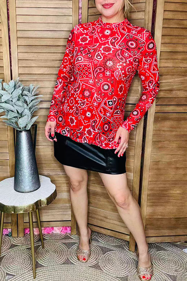 Red paisley mesh long sleeve women blouse XCH16358