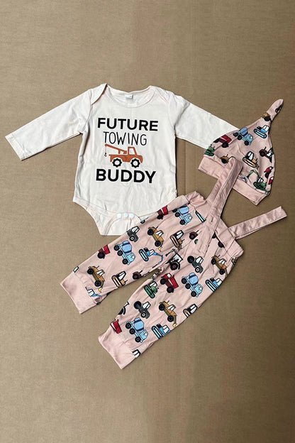 FUTURE TOWING BUDDY white romper & pant & hat 3pcs baby boy sets 250920M