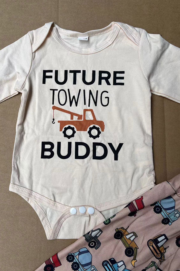 FUTURE TOWING BUDDY white romper & pant & hat 3pcs baby boy sets 250920M