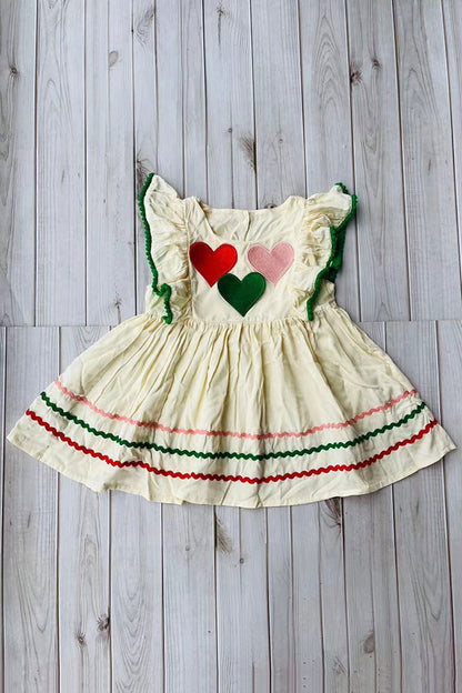 Red pink green hearts & green pompoms cream girls dress DLH2886