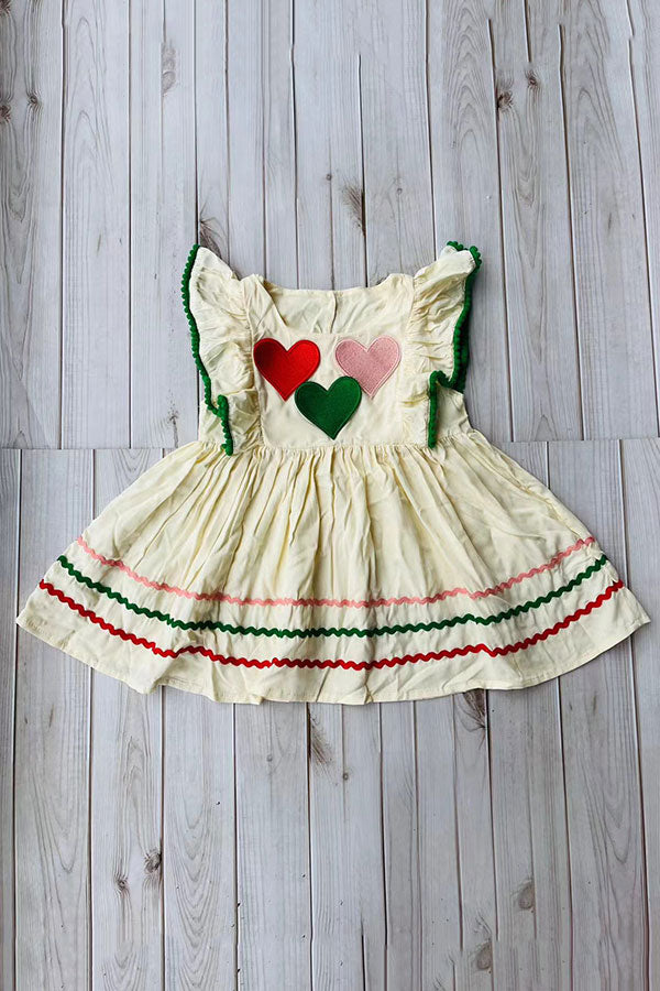 Red pink green hearts & green pompoms cream girls dress DLH2886