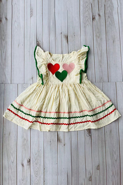 Red pink green hearts & green pompoms cream girls dress DLH2886
