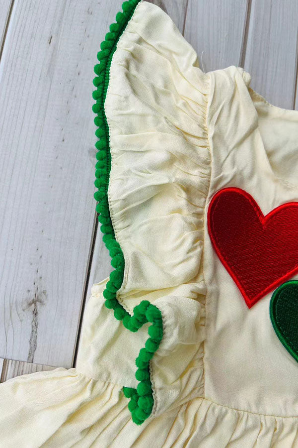 Red pink green hearts & green pompoms cream girls dress DLH2886