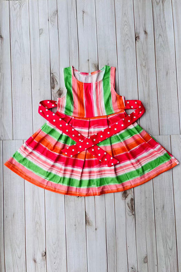 Mutli color stripes printed sleeveless girls dress with belt DLH2888