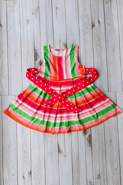 Mutli color stripes printed sleeveless girls dress with belt DLH2888