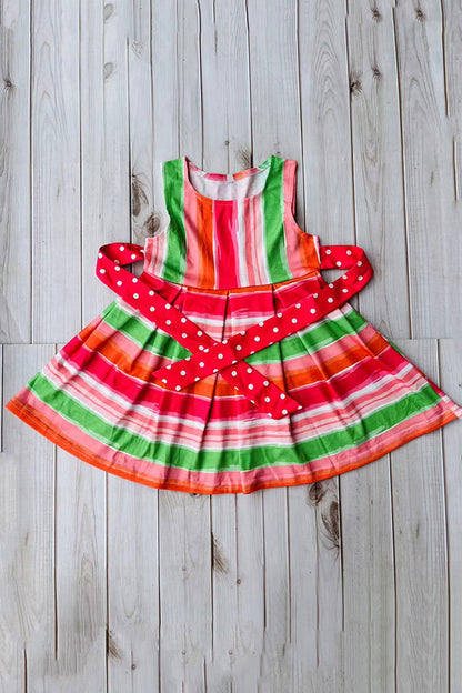 Mutli color stripes printed sleeveless girls dress with belt DLH2888
